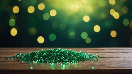 Wall Mural - green glittery bokeh on wooden table photo for ad marketing business background