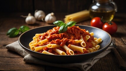 Wall Mural - pasta with red sauce on wooden table photo for ad marketing business background