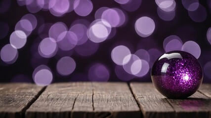 Wall Mural - purple glittery bokeh on wooden table photo for ad marketing business background