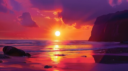 Sticker - A dramatic beach sunset with the sun partially hidden behind a silhouette of rocks and cliffs, casting vibrant colors and long shadows across the tranquil beach