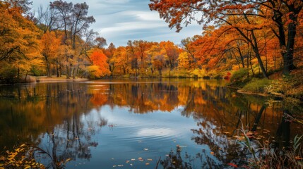 Poster - A serene autumn scene with a picturesque lake surrounded by trees adorned in brilliant fall colors, reflecting the rich foliage in the calm water