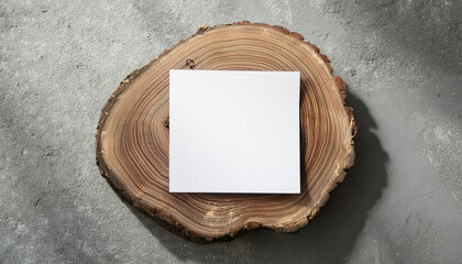 Wall Mural - Blank white square poster on tree stump, cement floor. Empty canvas. Mock-up. Close-up. Flat lay