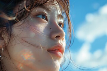 Under the blue sky and white clouds, a Japanese and Korean girl watching the sun in the sea close-up, exquisite makeup, Japanese styl