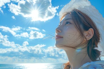 Wall Mural - Under the blue sky and white clouds, a Japanese and Korean girl watching the sun in the sea close-up, exquisite makeup, Japanese styl