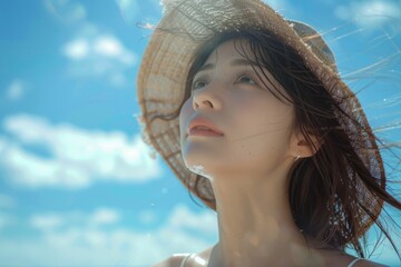 Wall Mural - Under the blue sky and white clouds, a Japanese and Korean girl watching the sun in the sea close-up, exquisite makeup, Japanese styl