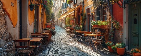 Sticker - Charming cafÃ© nestled on a cobblestone street, 4K hyperrealistic photo