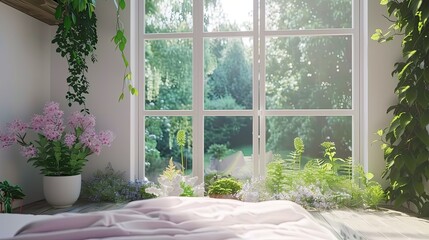 A white bedroom with a large bed, a bedside table, and two lamps. The room has large windows that offer a view of the ocean and a palm tree