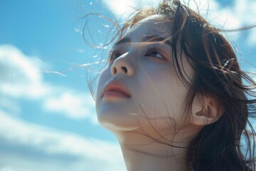 Wall Mural - Under the blue sky and white clouds, a Japanese and Korean girl looks at the close-up of the sun on the beach, with exquisite makeup and Japanese style
​