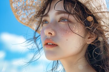 Wall Mural - Under the blue sky and white clouds, a Japanese and Korean girl looks at the close-up of the sun on the beach, with exquisite makeup and Japanese style
​