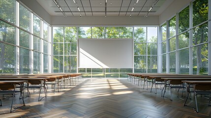 Wall Mural - Modern classroom interior, large empty whiteboard, rows of desks and chairs, floor-to-ceiling windows, natural sunlight casting shadows, minimalist design, clean white walls.