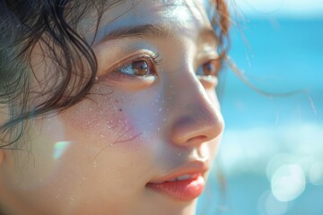 Wall Mural - Under the blue sky and white clouds, a Japanese and Korean girl looks at the close-up of the sun on the beach, with exquisite makeup and Japanese style
​