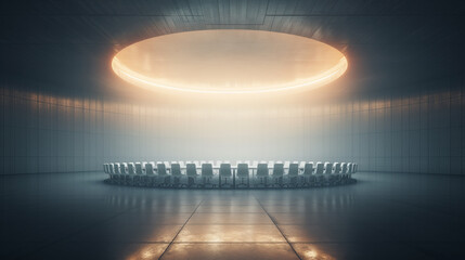 Wall Mural - A large room with a circular table in the center and many chairs surrounding it