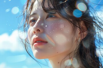 Wall Mural - Under the blue sky and white clouds, a Japanese and Korean girl looks at the close-up of the sun on the beach, with exquisite makeup and Japanese style
​