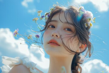 Wall Mural - Under the blue sky and white clouds, a Japanese and Korean girl looks at the close-up of the sun on the beach, with exquisite makeup and Japanese style
​