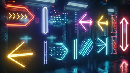 Wall Mural - Illustrate a collection of arrow signs with futuristic holographic effects, providing a cutting-edge look for advanced technology environments.