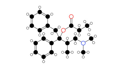 Sticker - dextropropoxyphene molecule, structural chemical formula, ball-and-stick model, isolated image analgesic