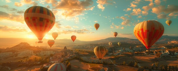 Wall Mural - Colorful hot air balloons floating above a patchwork landscape, 4K hyperrealistic photo