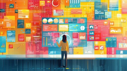 Wall Mural - SEO Specialist Analyzing Vibrant Dashboard with Analytics - 2D Flat Illustration