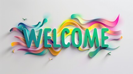 rainbow Welcome greeting text on white background with colorful waves and swirling lines, events, websites, greetings, hospitality industry and promotional materials