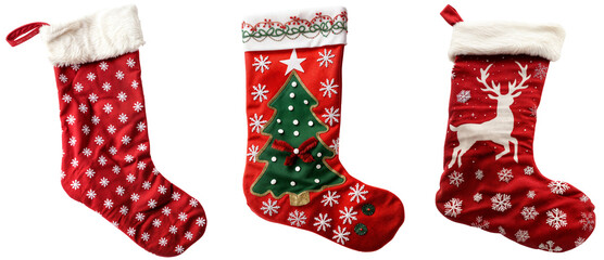 Wall Mural - Festive Red Christmas Stockings Set with Snowflake, Christmas Tree, and Reindeer Designs on Transparent Background for Holiday Decor