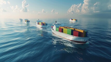 Wall Mural - a fleet of autonomous cargo ships transporting goods across oceans without the need for human interv