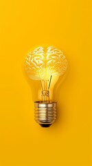 Wall Mural - Light bulb with brain filament on yellow background, creative mind and innovation concept