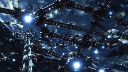 Wall Mural - a fleet of autonomous construction drones working together to build a large interstellar spacecraft 