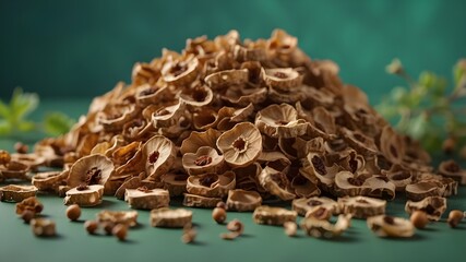 Wall Mural - Close-up, realistic, professional image of a pile of dried hawthorn slices on a green backdrop with excellent definition detail quality