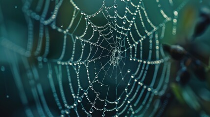 Delicate spider web glistening with water droplets, forming a stunning and intricate natural design