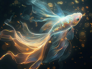 Wall Mural - a koi fish swimming in a river with gold and orange hues.