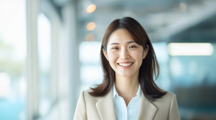 Wall Mural - A young businesswoman in a beige blazer smiles in an office setting.