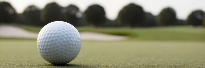 Wall Mural - Golf ball on putting green, golf course and trees blurred in background