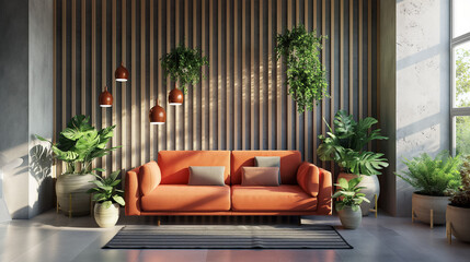 A modern living room with concrete walls, yellow sofa and plants, creating an elegant space for relaxation and comfort
