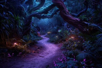 A mystical scene showcasing a winding forest path lined with lush vegetation and illuminated by small glowing lights, creating an enchanting atmosphere during dusk.