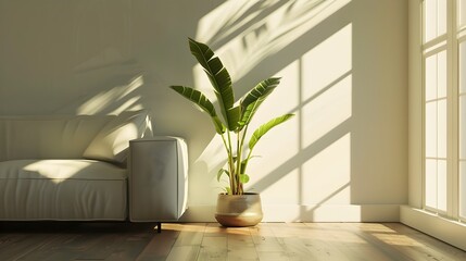 Wall Mural - Minimalist Living Room with Soft Natural Lighting and Potted Plant