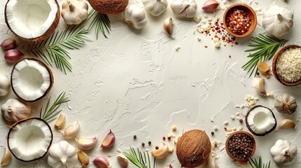 Poster - Culinary flat lay with coconuts, spices, and garlic. Styled as a food background for recipes or blog posts. Captures the essence of natural ingredients arranged creatively with a neutral backdrop. AI