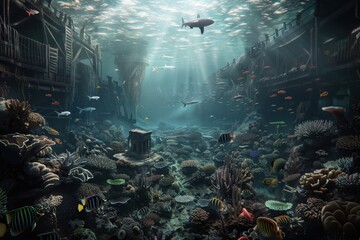 A sunken city street teeming with aquatic life, vibrant coral and fish species swimming amidst the ruins, illuminated by sunlight streaming through the surface water.