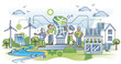 © VectorMine - Community based renewable energy or CBRE for green power outline concept, transparent background. Solar panels or wind turbines installation at home as society impact on green electricity.