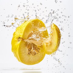 Freshly cut quince with water droplets mid-air, showcasing the vibrant yellow interior against a pure white backdrop, commercial quality