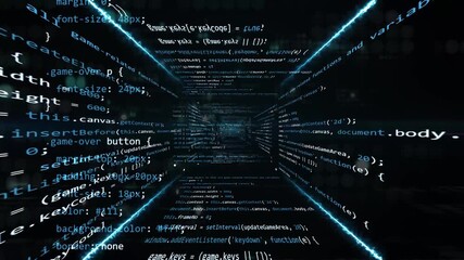Wall Mural - abstract digital programming tunnel with camera zoom across coding language with electric lines. High technology animation