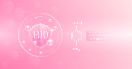 Sticker - Shield vitamin B10 in dome with pink atom around and chemical structure. Protect and build immunity healthy. Medical scientific concepts. Banner vector illustration.