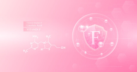 Sticker - Shield vitamin F in dome with pink atom around and chemical structure of Linoleic Acid. Protect and build immunity healthy. Medical scientific concepts. Banner vector illustration.