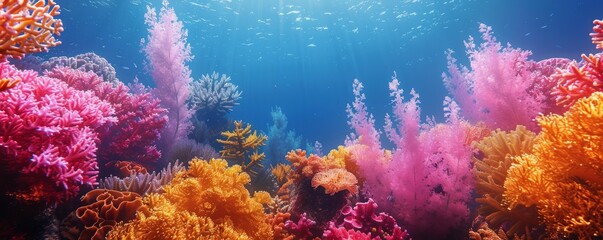 Wall Mural - Colorful Coral Reef Underwater Texture Background, 4K hyperrealistic photo