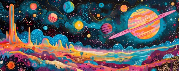 Wall Mural - a vibrant acrylic painting of a spaceship exploring a distant planet.