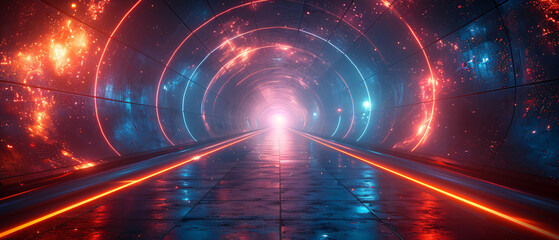 Wall Mural - futuristic neon tunnel with glowing lights and abstract patterns