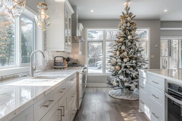 Wall Mural - Kitchen in luxury home with white cabinets and christmas tree.