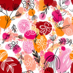 Wall Mural - Sketch flowers and leaves on bright pink and orange background