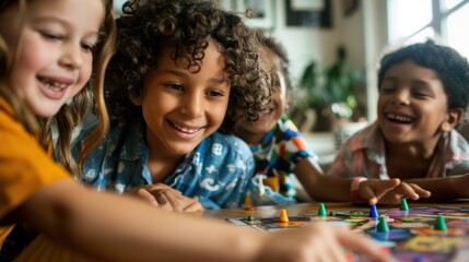 A group of children are playing a board game together