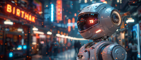 Futuristic Robot in Neon City with Glowing Lights