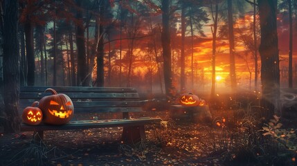 Spooky evil glowing eyes of Jack O' Lanterns at sunset on the left of a wooden bench on halloween night.